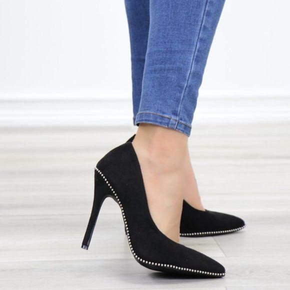 Black vegan Suede High Heel Pumps With Studs - Picture 7 of 12